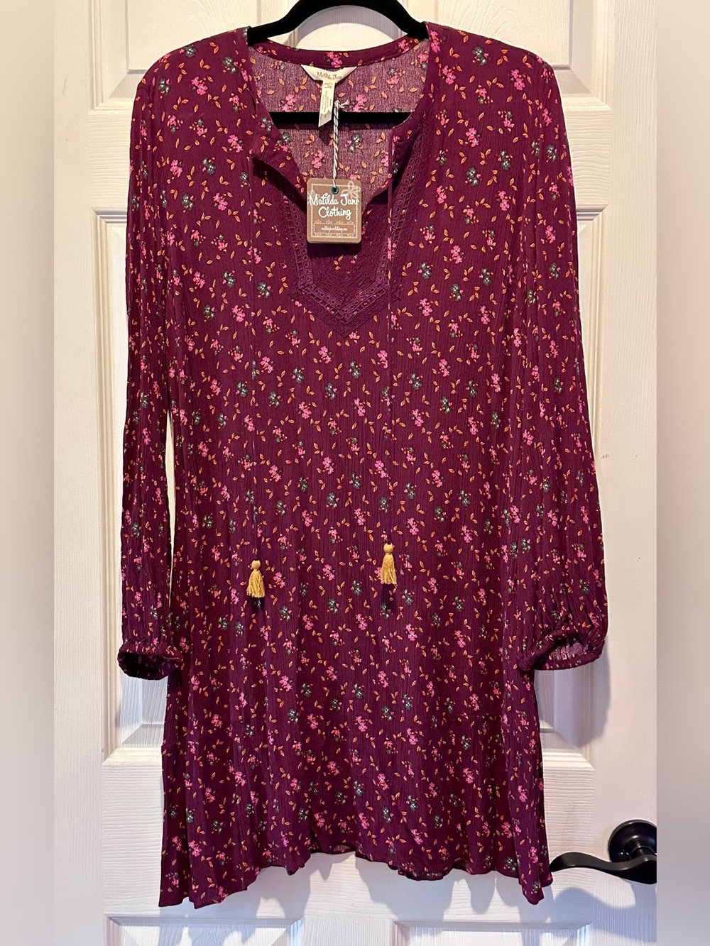 Matilda Jane Local Luxuries Boho Dress Burgundy Floral Crochet Tassel L NWT